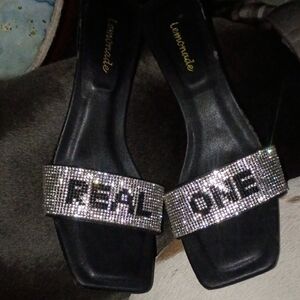 Lemonade Black Crystal 'REAL ONE' Slide Mules